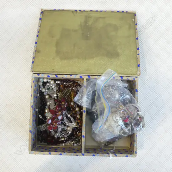 OLD CHOCOLATE BOX of COSTUME JEWELLERY & BEADS (WHITBY JET, BAKELITE, BLACK GLASS, IVORY & PEARL)