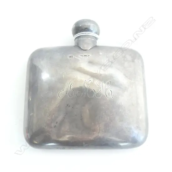 STG SILVER HIP FLASK, CHESTER 1906 105grms SMALL DENTS