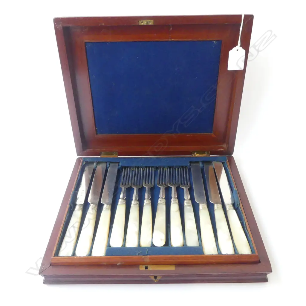 MID 19thC 12PCE DESSERT KNIVES & FORKS, MOP HANDLES, CASED 2 AF Image 1++