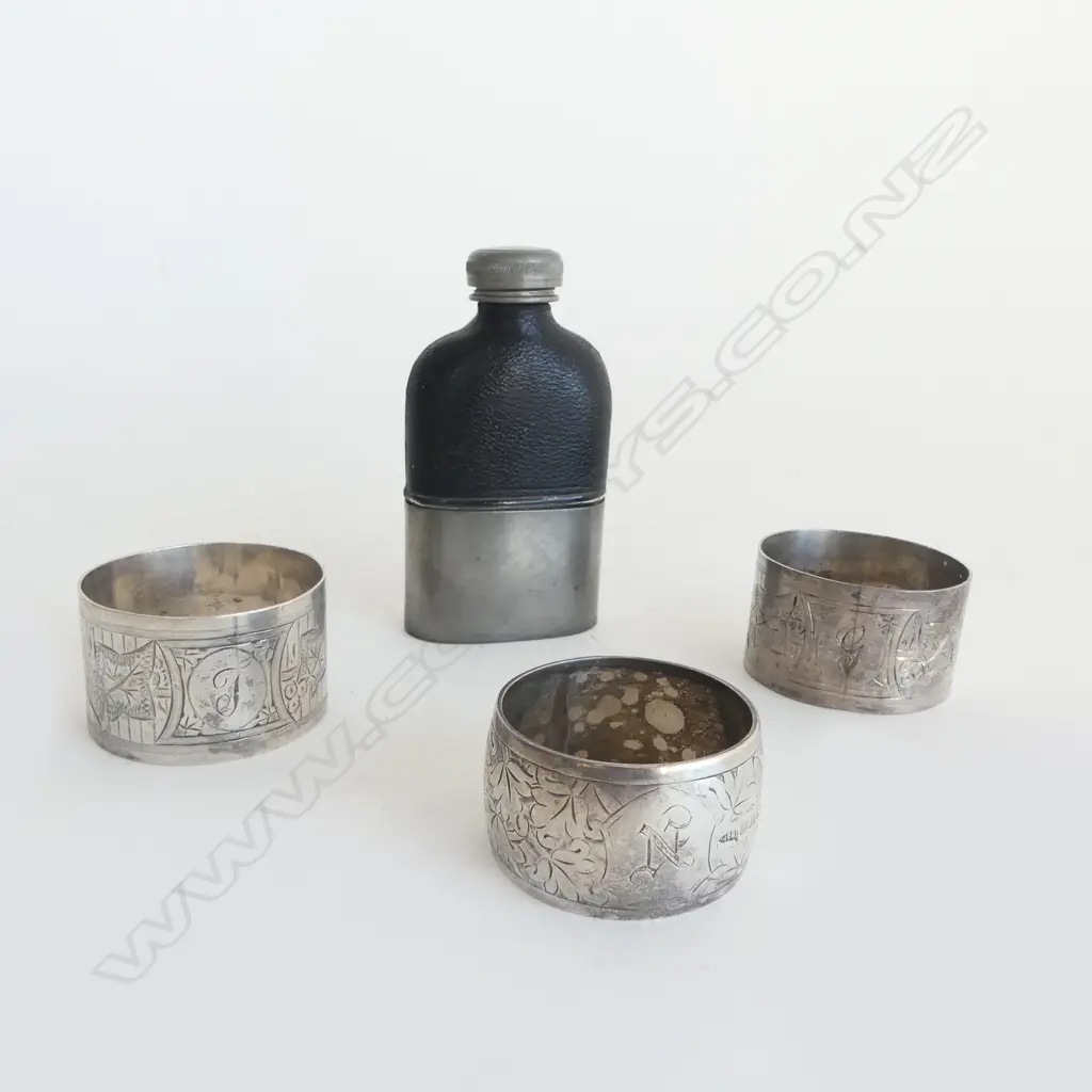 3 STG SILVER NAPKIN RINGS 78gms + small half pewter HIP FLASK  Image 1++