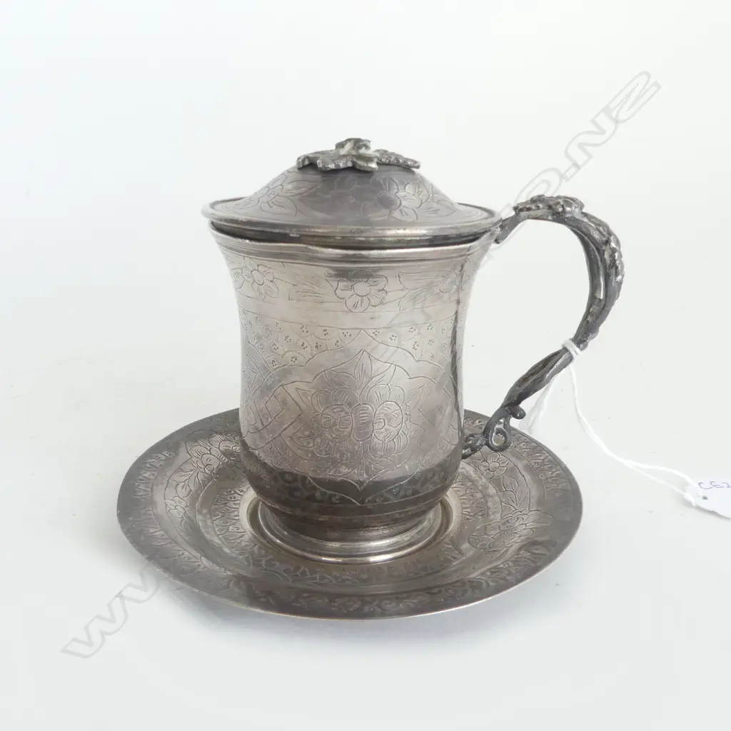 MIDDLE EASTERN SILVER LIDDED CUP & SAUCER, 335grms FAULTS Image 1++