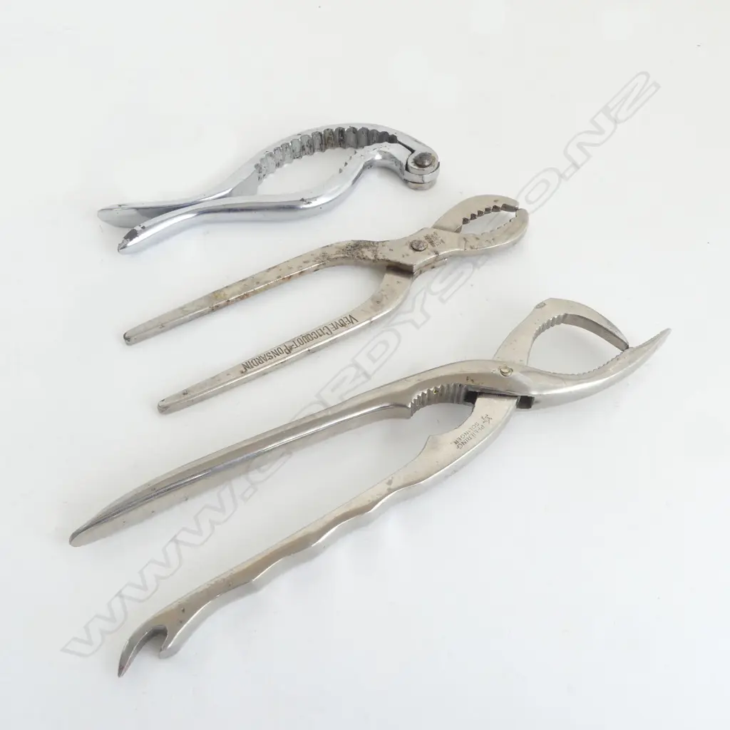 3 OLD CHAMPAGNE CORK OPENING CLAMPS: 1 marked Veuve Clicquot-Ponsardin Image 1++