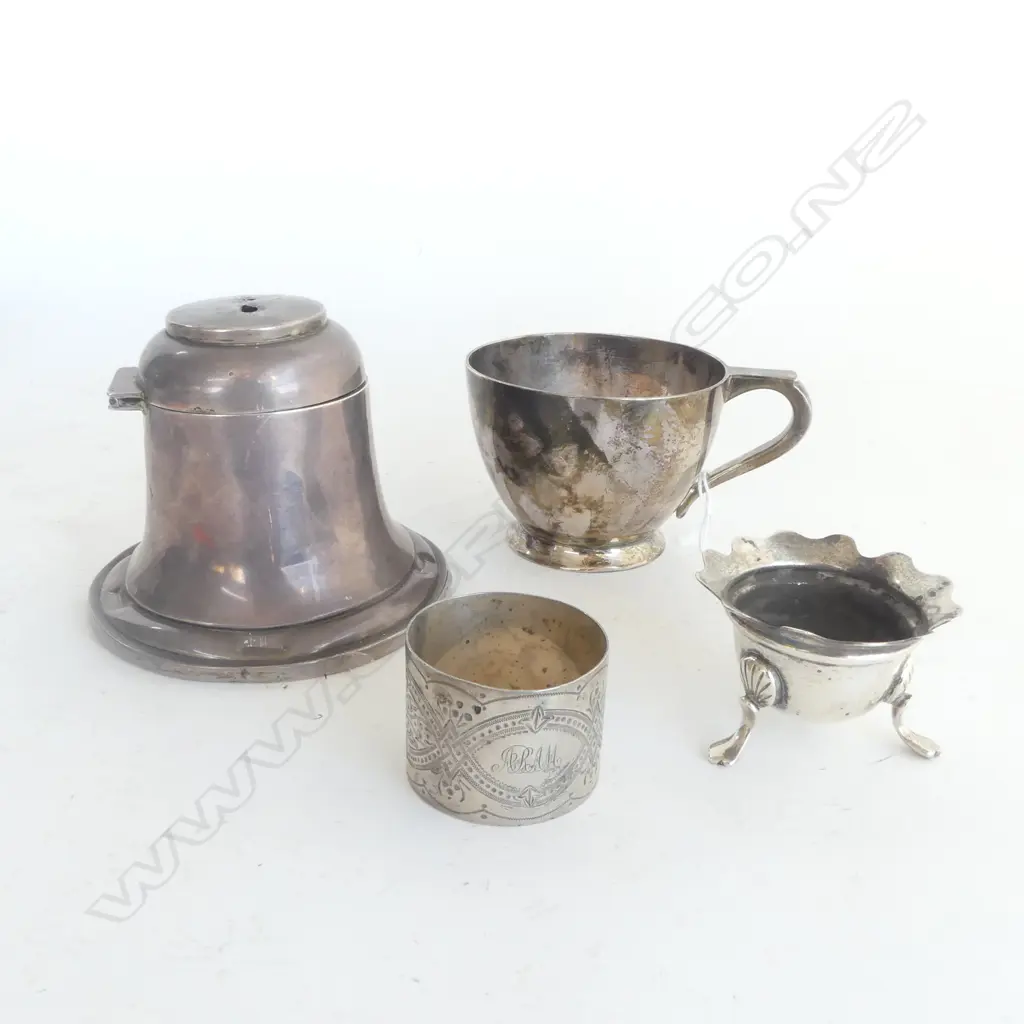 STG SILVER: heavy CUP + SALT + NAPKIN RING + INKWELL FRAME A.F. Silver total 322gms SOME FAULTS Image 1++