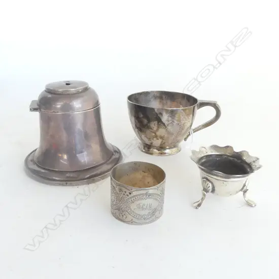STG SILVER: heavy CUP + SALT + NAPKIN RING + INKWELL FRAME A.F. Silver total 322gms SOME FAULTS