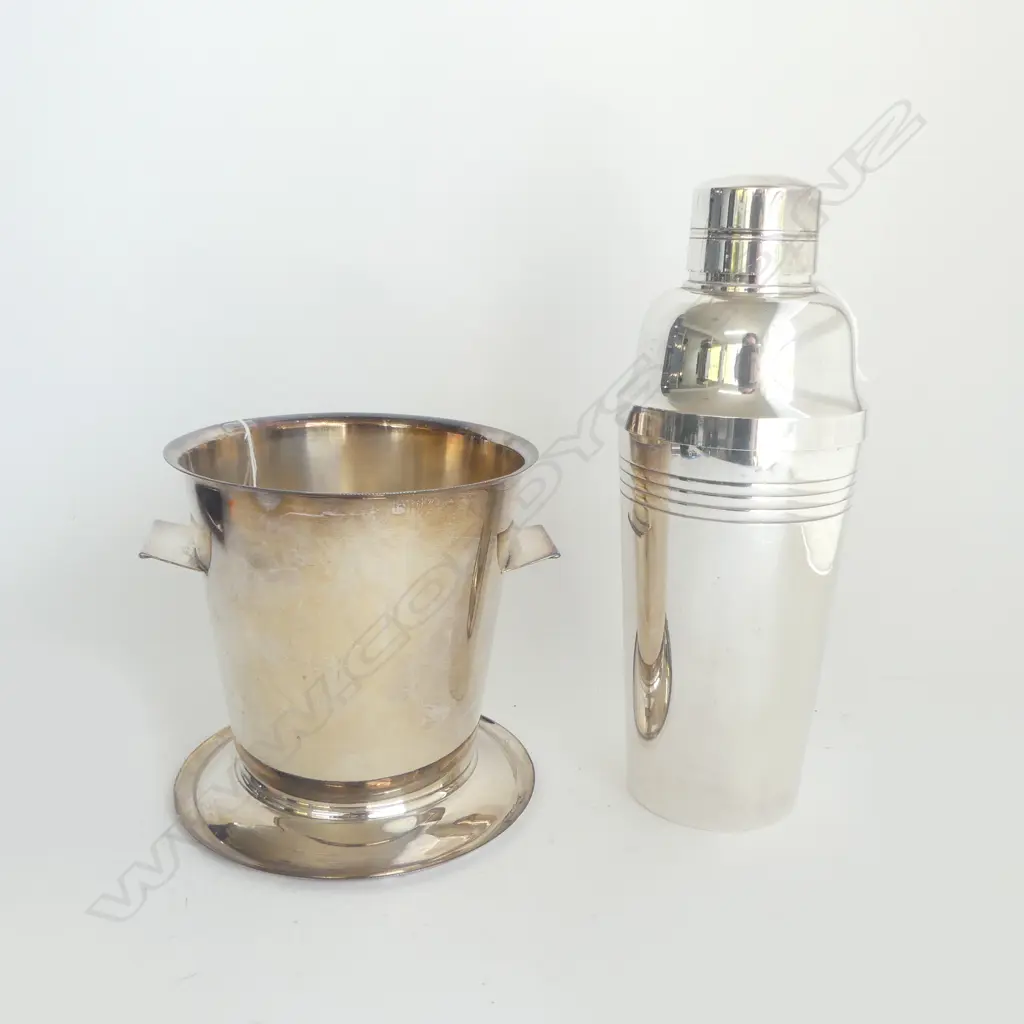 FRENCH SILVER PLATE COCKTAIL SHAKER + 'SINCERITY' ICE BUCKET Image 1++