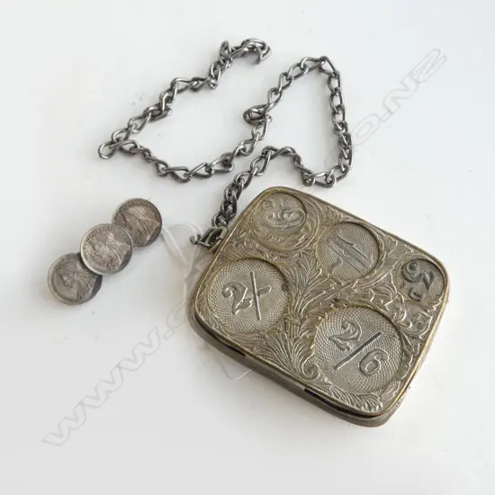 c.1900 SILVER PLATE COIN HOLDER w CHAIN + SILVER 3 COIN BROOCH