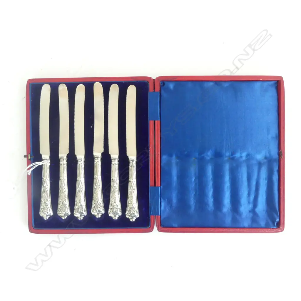 SET 6 ART NOUVEAU SILVER embossed HANDLED serrated fruit KNIVES in fitted box. Sheffield 1905  Image 1++