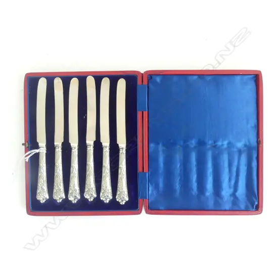 SET 6 ART NOUVEAU SILVER embossed HANDLED serrated fruit KNIVES in fitted box. Sheffield 1905 