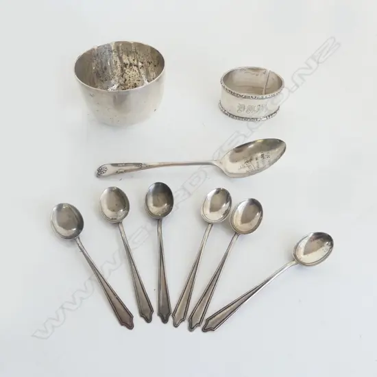9 PCES STG SILVER; 7 SPOONS, NAPKIN RING, CUP 194grms