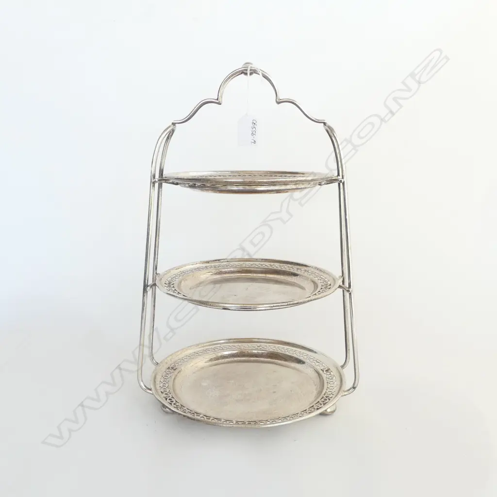 1920's/30's SILVER PLATE 3 TIER CAKE STAND pierced border trays H.415mm Image 1++