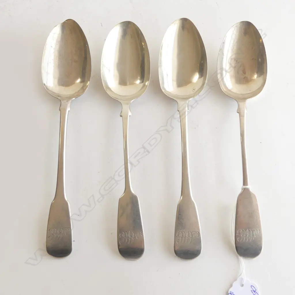 4 19thC ENGLISH SILVER FIDDLE PATTERN TABLE SPOONS 227gms Image 1++