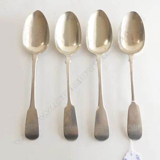 4 19thC ENGLISH SILVER FIDDLE PATTERN TABLE SPOONS 227gms