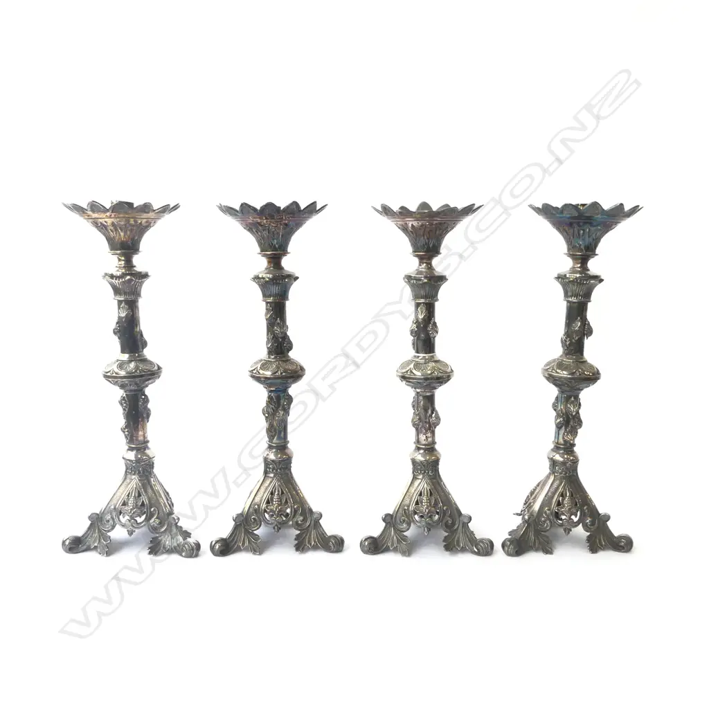SET 4 late 19thC DECORATIVE SILVER PLATE JEWISH SABBATH CANDLESTICKS H.395mm minor faults Image 1++