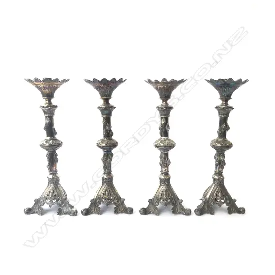 SET 4 late 19thC DECORATIVE SILVER PLATE JEWISH SABBATH CANDLESTICKS H.395mm minor faults