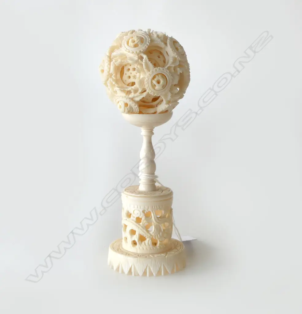 CHINESE IVORY CARVED MULTI BALL ON STAND H150MM Image 1++