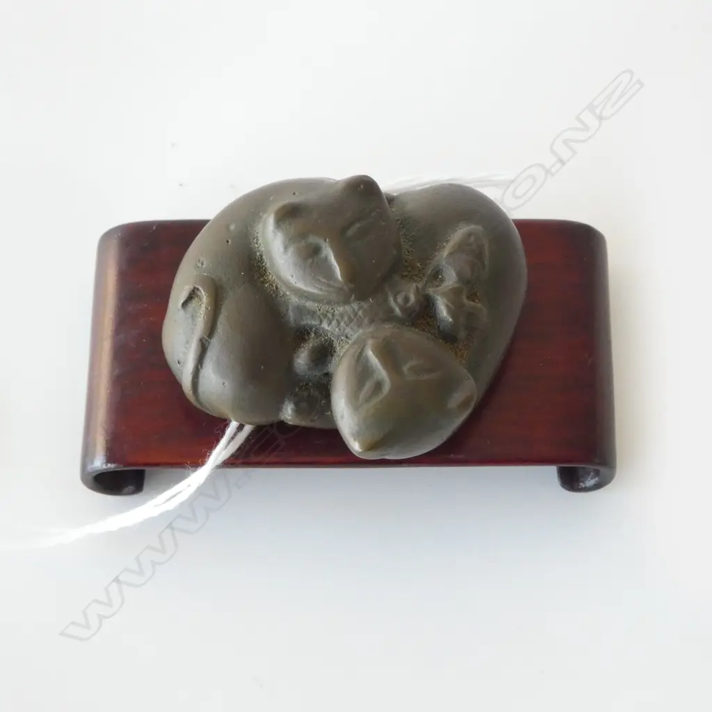 OLD SMALL BRONZE TWIN-CAT WEIGHT or SCULPTURE L.50mm on stand Image 1++