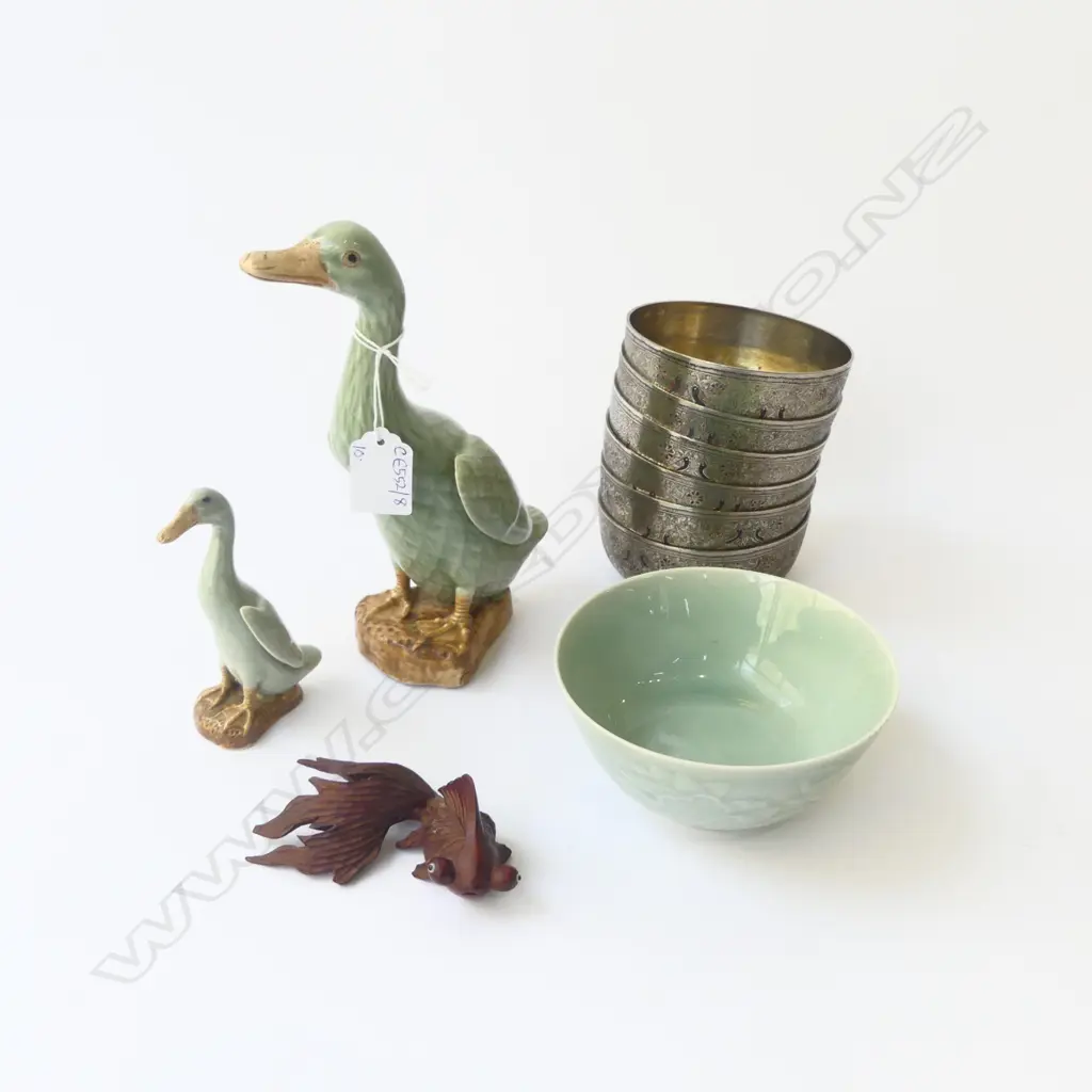 2 ORIENTAL CELADON DUCKS H.205mm wing repair, WOODEN FISH, 7 BOWLS (1 CELADON, 6 METAL) Image 1++