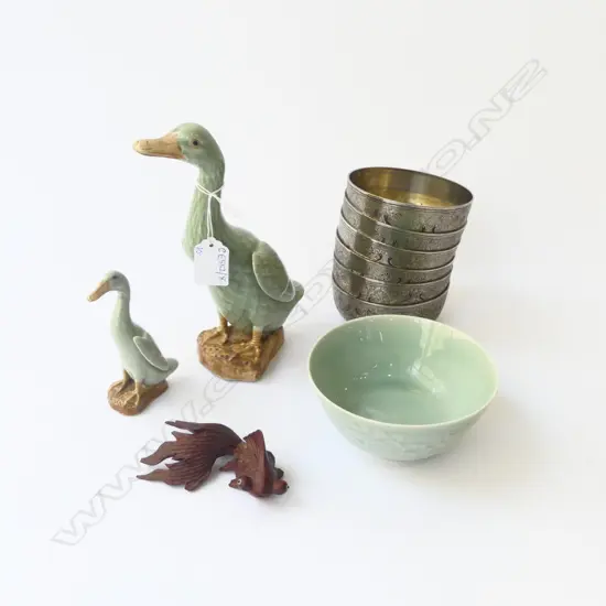2 ORIENTAL CELADON DUCKS H.205mm wing repair, WOODEN FISH, 7 BOWLS (1 CELADON, 6 METAL)