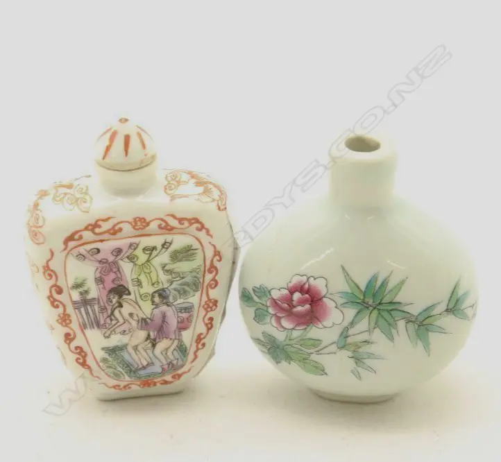 Chinese Famille Rose 'Erotica'  & A Chinese Famille Rose 'Flowers' Snuff Bottle (no tops) -John Perry Collections Image 1++