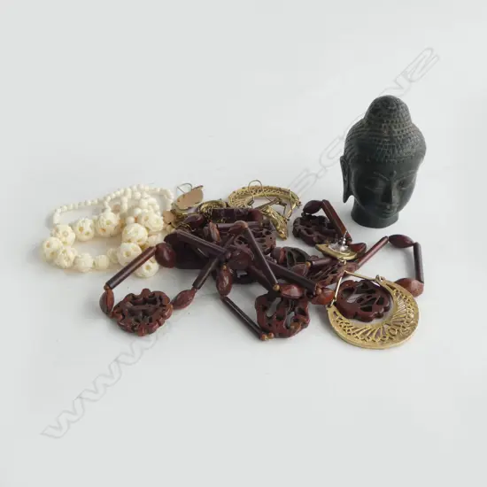 ETHNIC JEWELLERY; 3 NECKLACES, 4 PRS EARRINGS, BUDDHA HEAD H.75mm