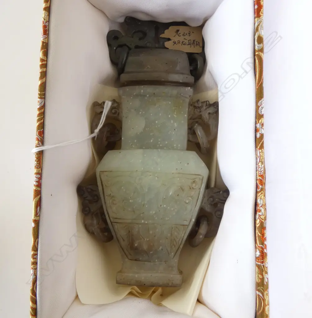 VINTAGE CHINESE CARVED PALE GREEN JADE LIDDED URN VESSEL. H.170mm restored top. With receipts. In silk covered box Image 1++