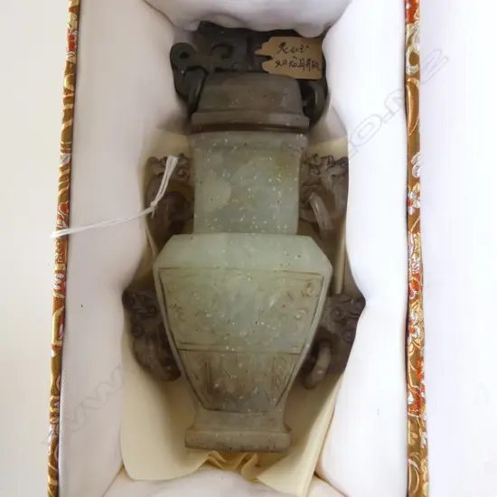 VINTAGE CHINESE CARVED PALE GREEN JADE LIDDED URN VESSEL. H.170mm restored top. With receipts. In silk covered box