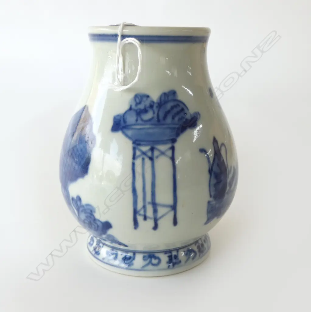 CHINESE BLUE & WHITE BALUSTER VASE w precious objects & calligraphy H.140mm  Image 1++