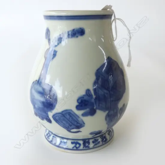 CHINESE BLUE & WHITE BALUSTER VASE w precious objects & calligraphy H.140mm 