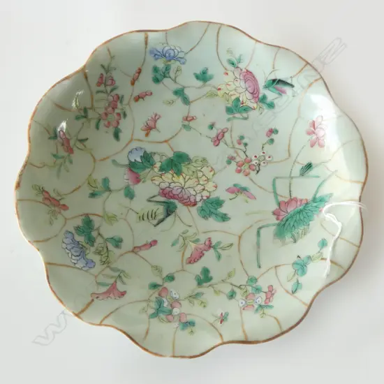 CHINESE CELADON FAMILLE ROSE FOOTED DISH DIA230MM