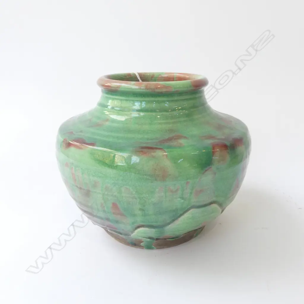 JAPANESE STUDIO POTTERY VASE w. GREEN GLAZE H.150mm Image 1++