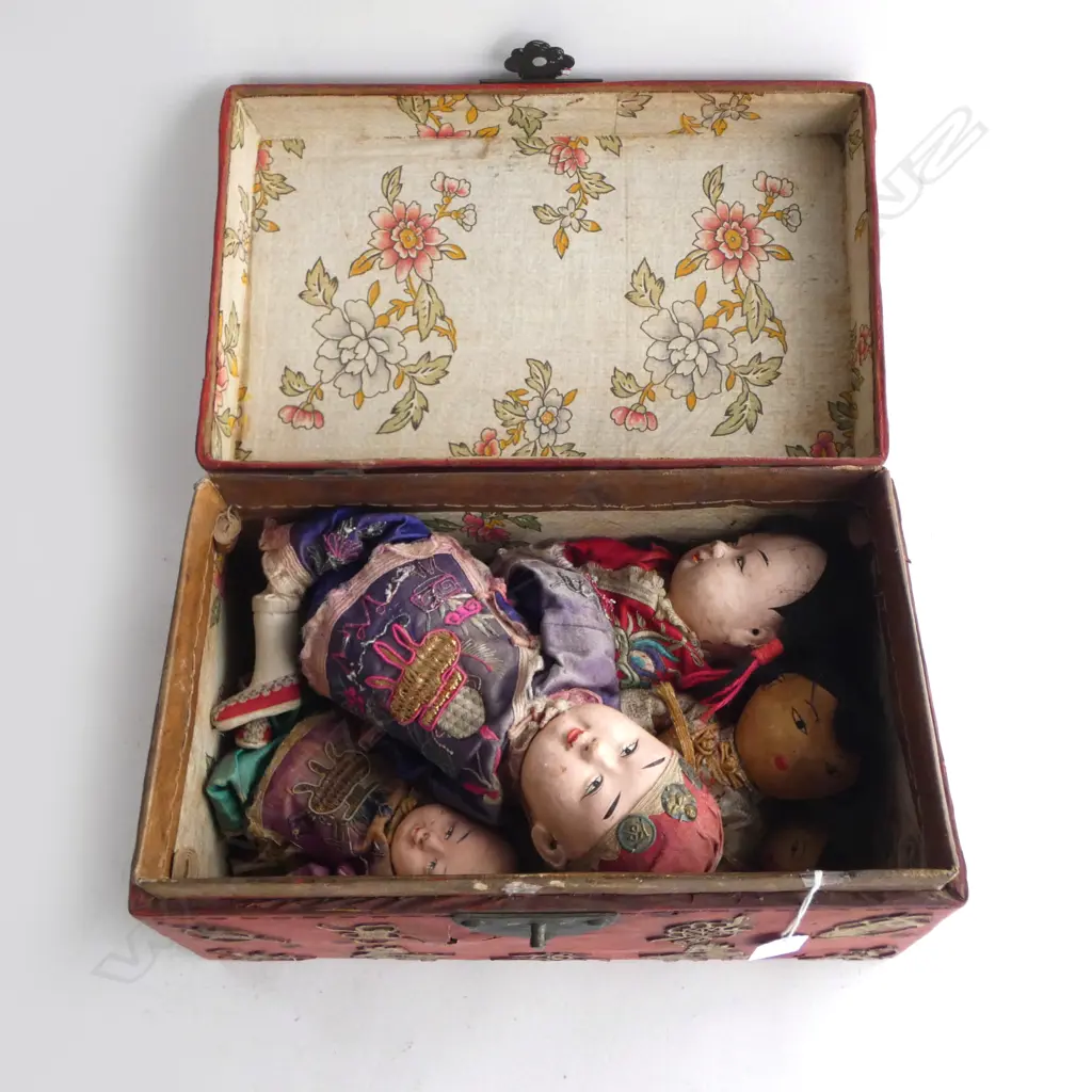 5 OLD CHINESE DOLLS composite & clothe embroidered silk robes. IN OLD RED & GILDED TRUNK. W.350mm Image 1++