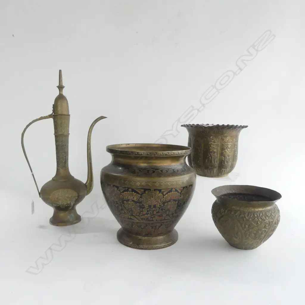 3 EASTERN BRASS JARDINEERS H230MM TALLEST & BRASS COFFEE POT H410MM Image 1++