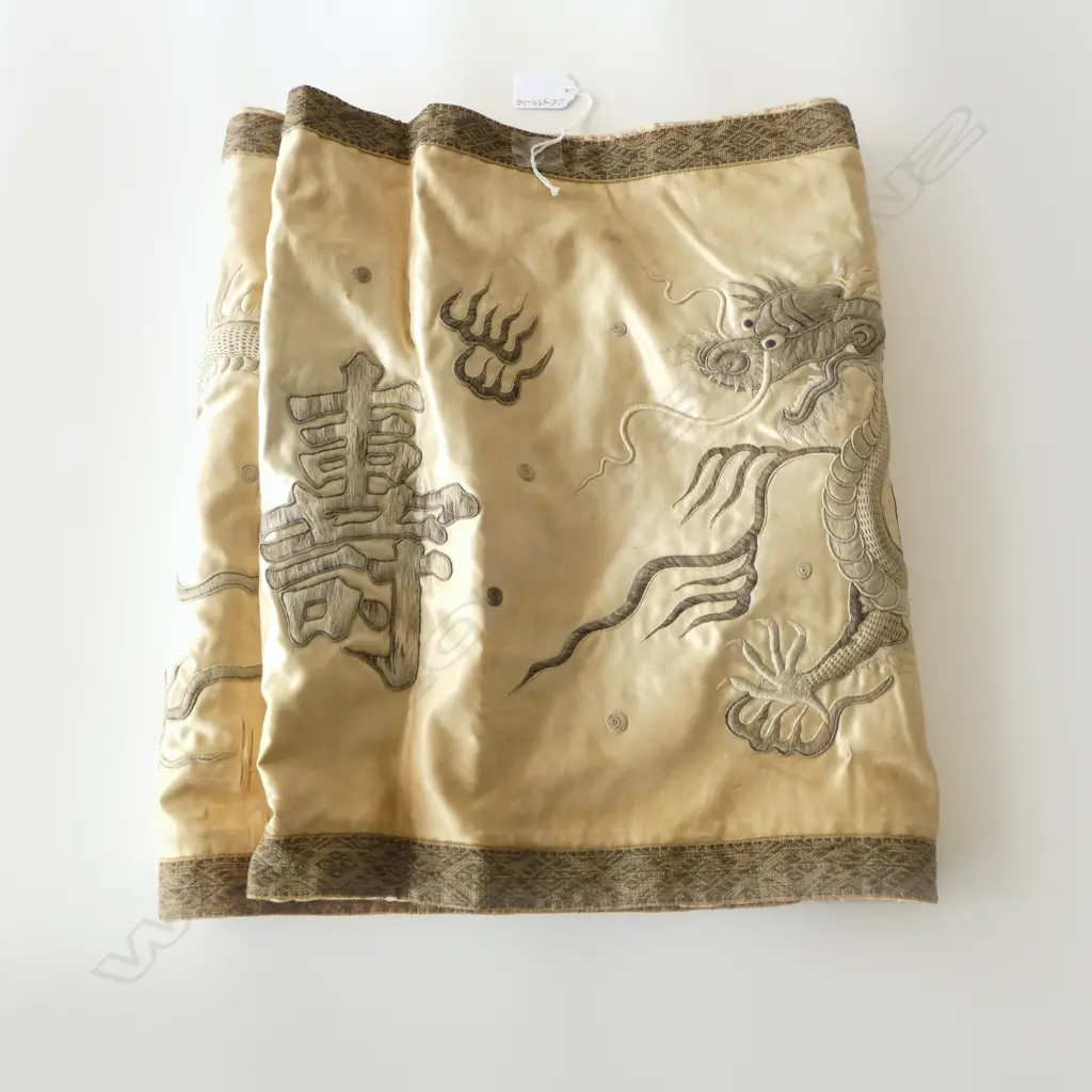 OLD CHINESE SILK EMBROIDERED RUNNER w DRAGONS, L.1900 x 390mm (aged condition) Image 1++