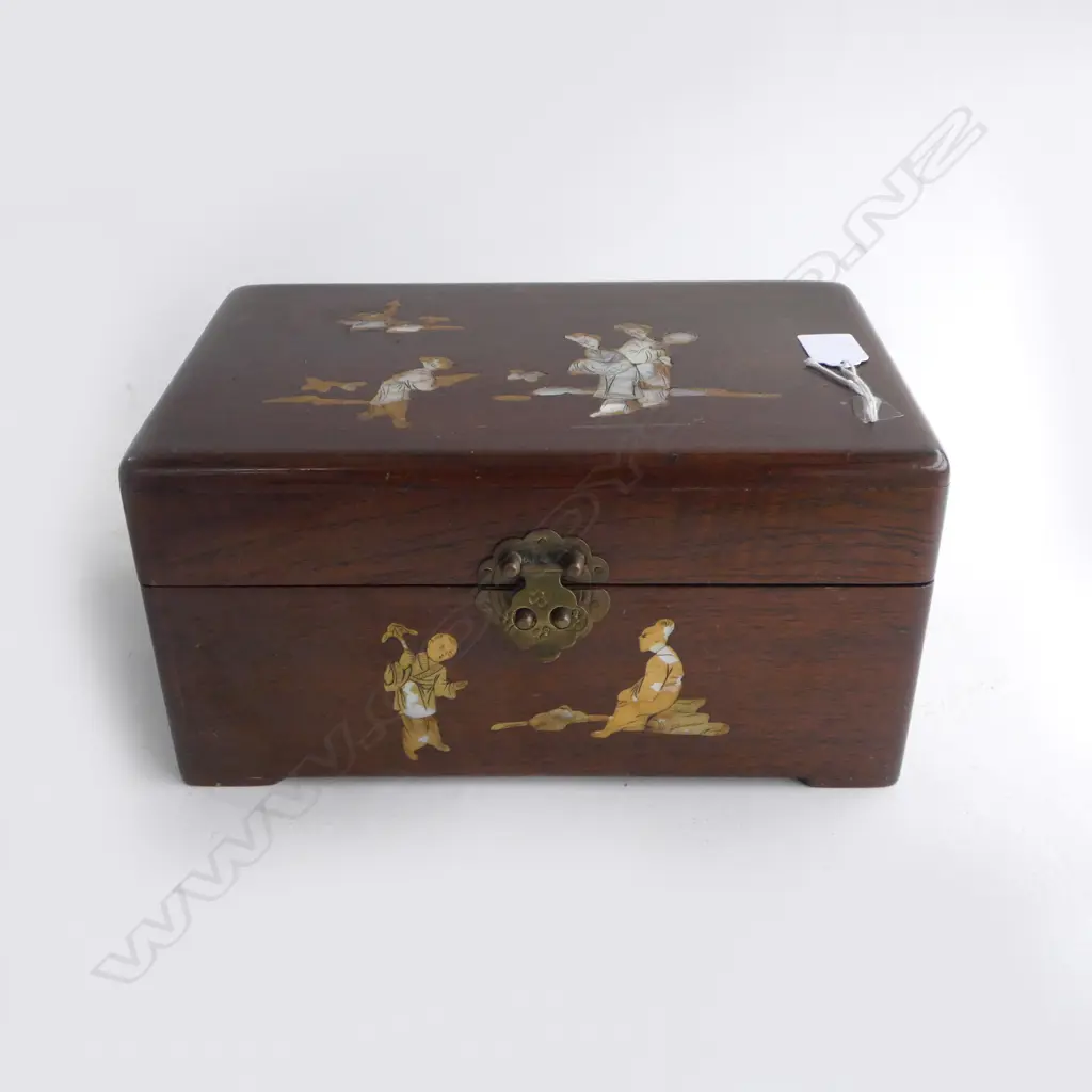 VINTAGE CHINESE HARDWOOD mop inlay JEWEL BOX W.305mm Image 1++