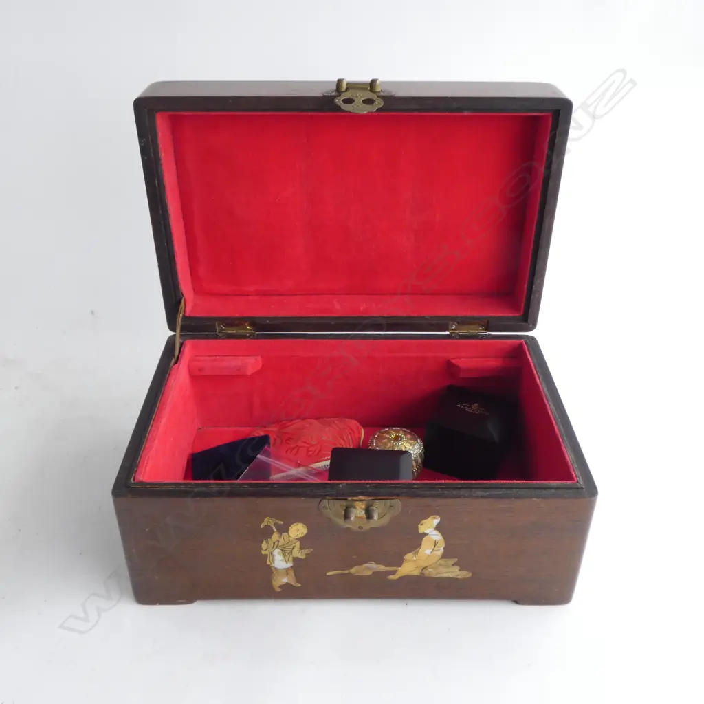 VINTAGE CHINESE HARDWOOD mop inlay JEWEL BOX W.305mm Image 1++