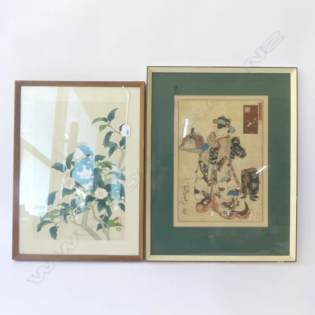 2 JAPANESE PRINTS; FLORAL 395x260mm, WOMAN IN KIMONO 350x240mm foxing Image 1++
