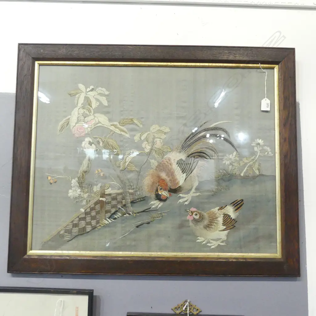LATE 19thC CHINESE EMBROIDERED coloured silk ARTWORK ROOSTER CHICKEN & FLORALS 520 X 680mm. oak framed under glass Image 1++