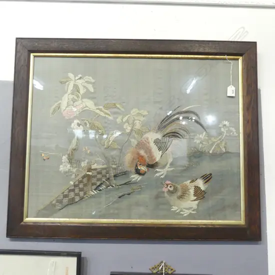 LATE 19thC CHINESE EMBROIDERED coloured silk ARTWORK ROOSTER CHICKEN & FLORALS 520 X 680mm. oak framed under glass