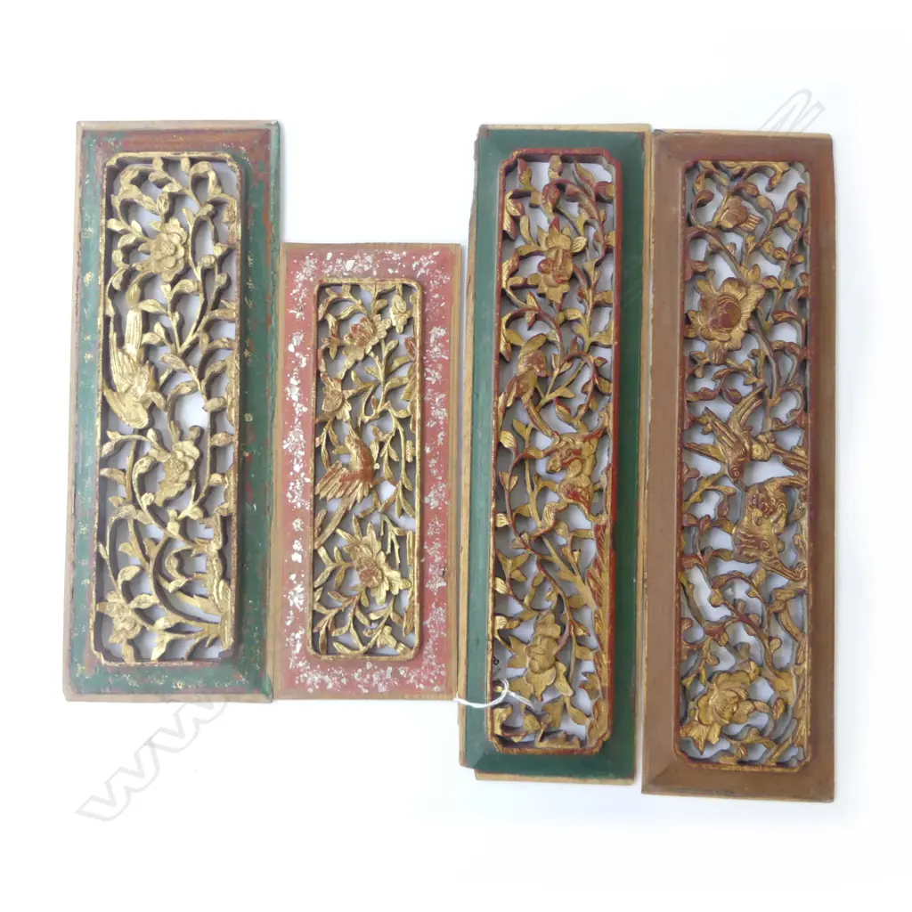 4 WOOD CARVED RED & GILT PANELS; LARGEST 400x110mm Image 1++