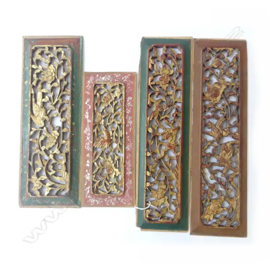4 WOOD CARVED RED & GILT PANELS; LARGEST 400x110mm