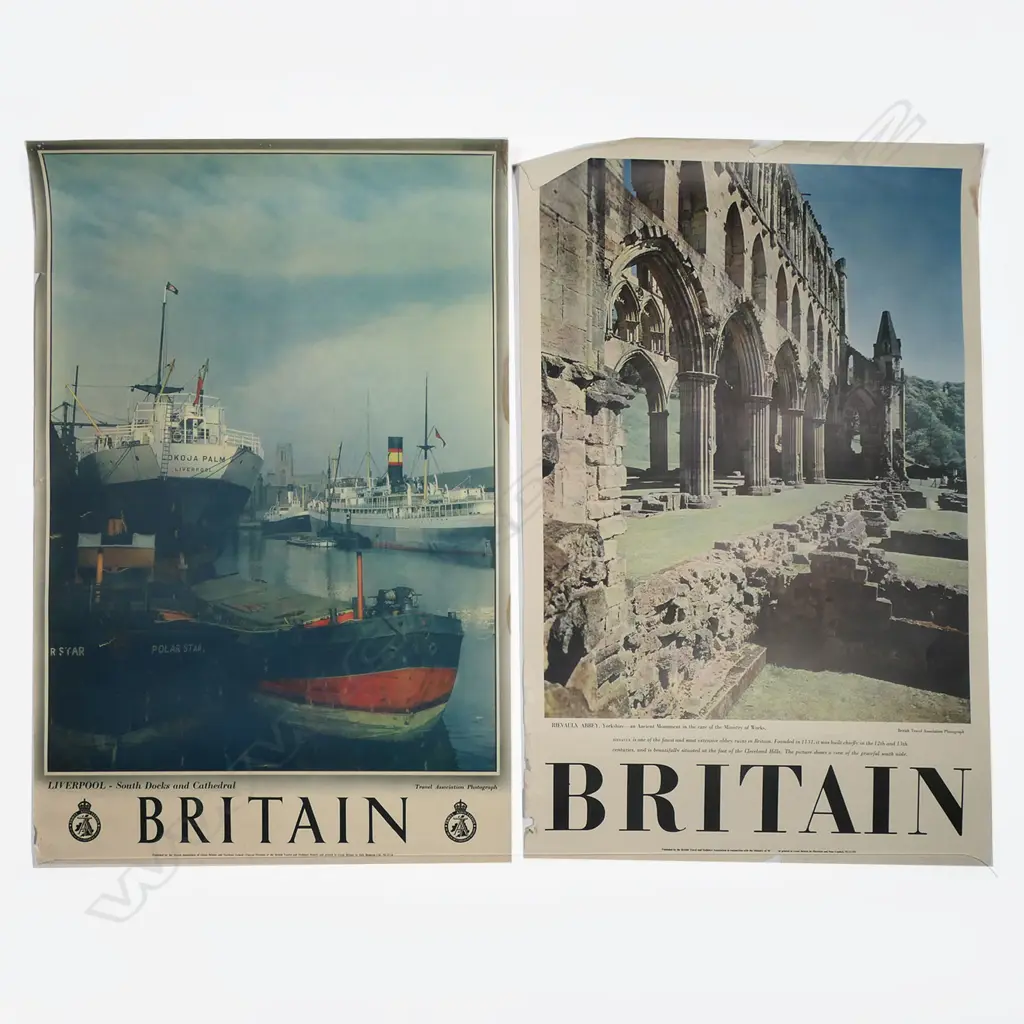 2 BRITISH VINTAGE TRAVEL POSTERS: 'BRITAIN Liverpool' + 'BRITAIN Rievaulx Abbey' 760 x 510mm Image 1++