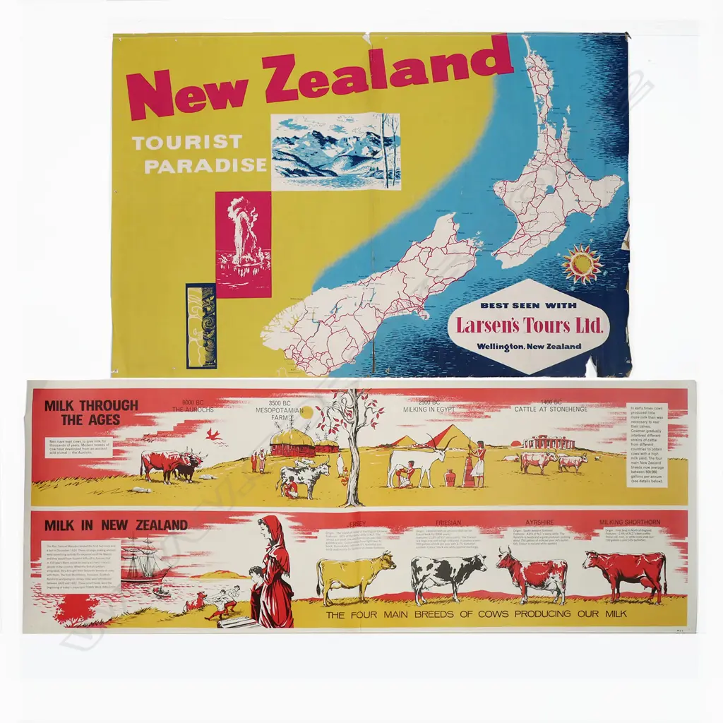 2 VINTAGE NZ POSTERS 'Tourist Paradise' for 'Larsen;s Tours Ltd.' 505 x 760mm  + 'Milk in New Zealand' 365 x 980mm Image 1++