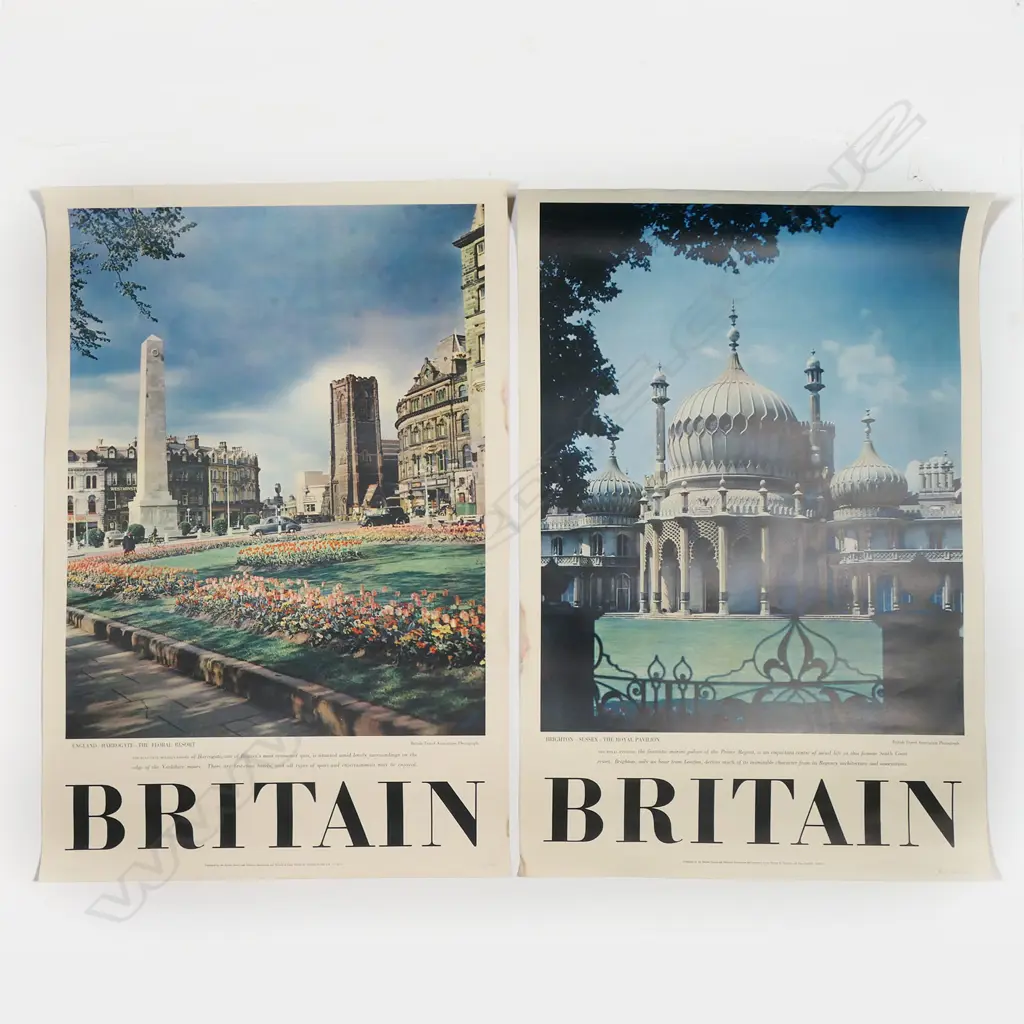 2 BRITISH VINTAGE TRAVEL POSTERS: 'BRITAIN Brighton Sussex Pavilion' + 'BRITAIN England Harrogate' 760 x 510mm Image 1++