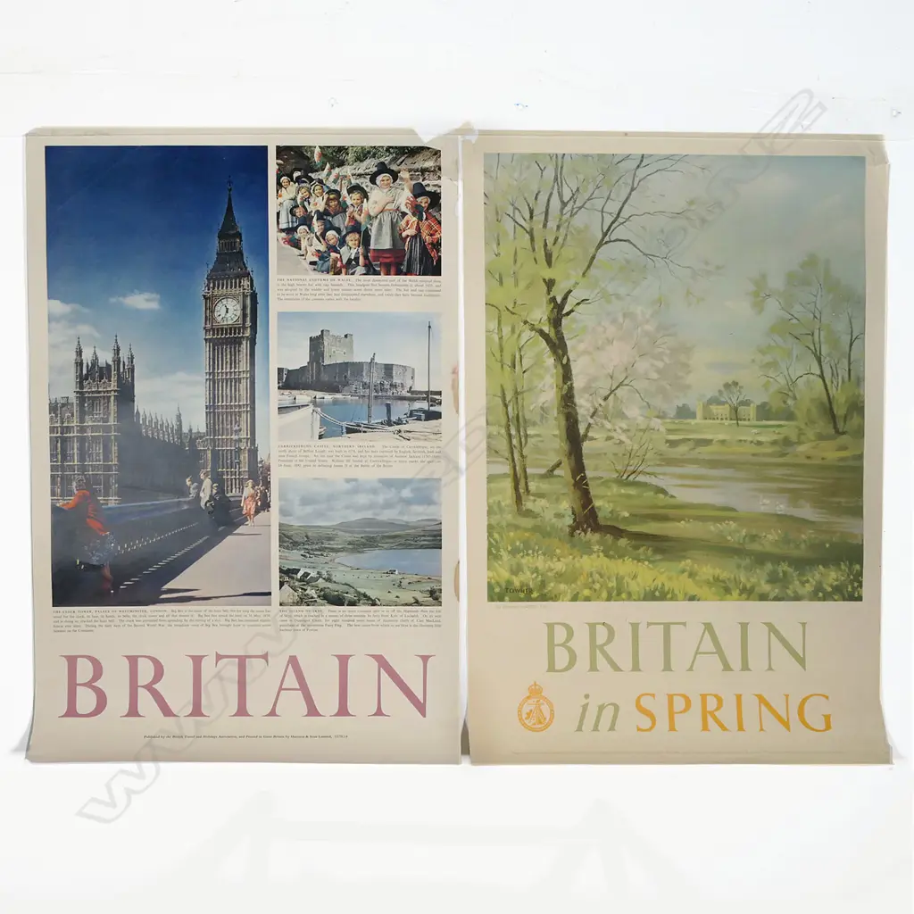 2 BRITISH VINTAGE TRAVEL POSTERS: 'BRITAIN IN SPRING' by Donald Towner + 'Britain Clock Tower, Palace of...' 760 x 510mm Image 1++