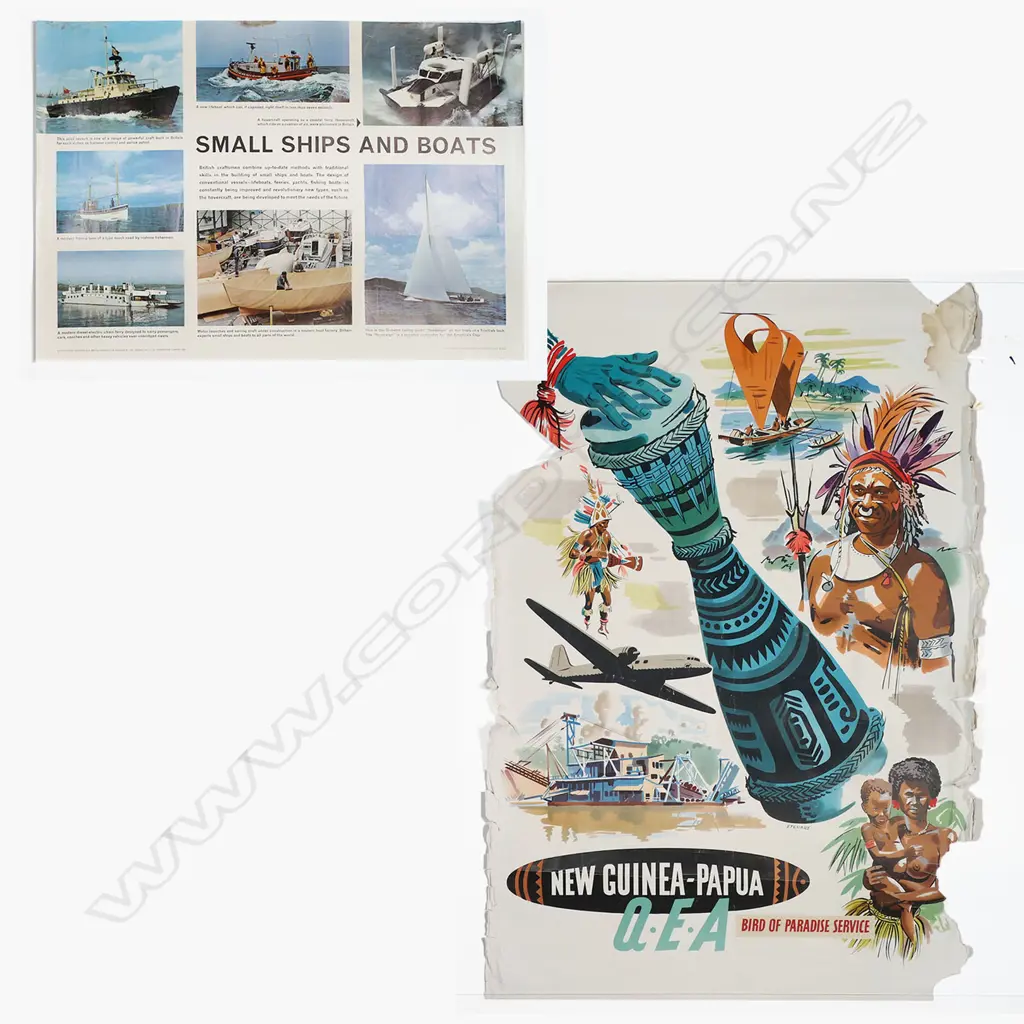 2 VINTAGE POSTERS 'New Guinea-Papua Q.E.A' by Steuart' (MAJOR FAULTS) 1015 x 880mm + 'Small Ships and Boats' 500 x 740' Image 1++