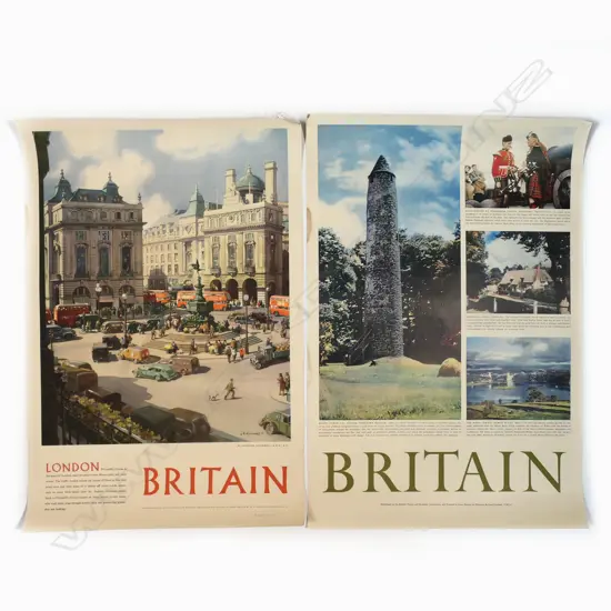 2 BRITISH VINTAGE TRAVEL POSTERS: 'BRITAIN Round Tower Ireland' + 'BRITAIN London Piccadilly Circus' 760 x 510mm