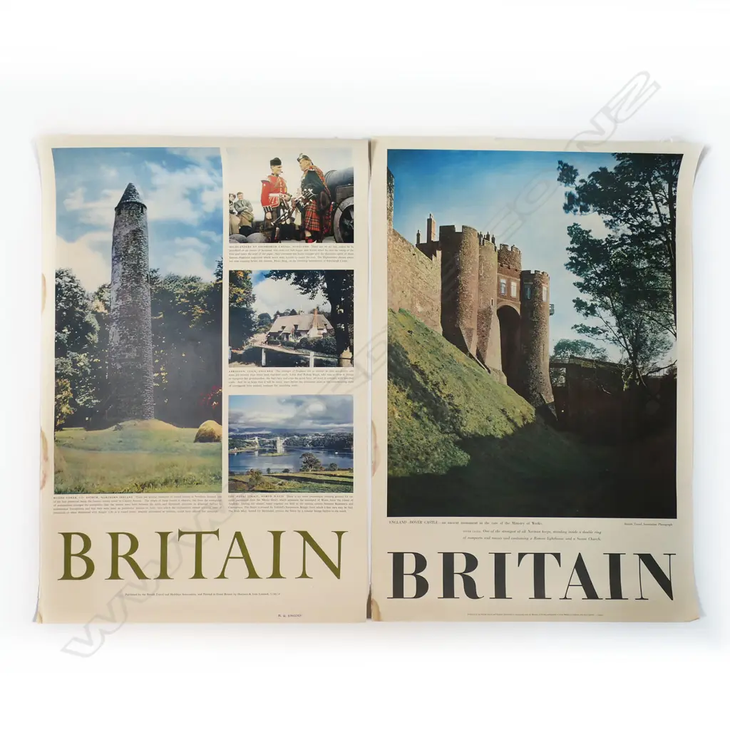 2 BRITISH VINTAGE TRAVEL POSTERS: 'BRITAIN England Dover Castle' + 'BRITAIN Round Tower Ireland' 760 x 510mm Image 1++