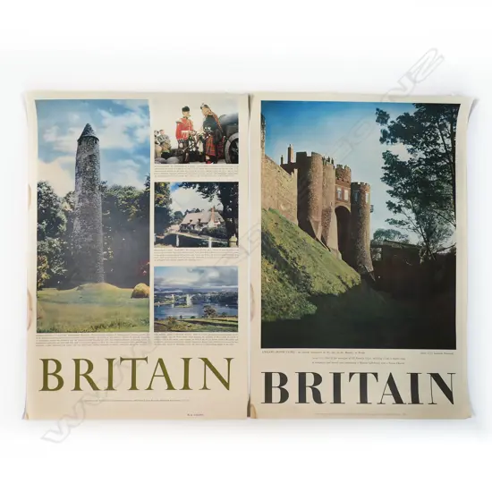 2 BRITISH VINTAGE TRAVEL POSTERS: 'BRITAIN England Dover Castle' + 'BRITAIN Round Tower Ireland' 760 x 510mm