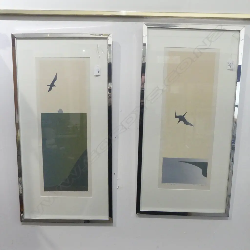 2 MALCOLM WARR SILK SCREEN PRINTS 'EVENING' & 'DIVING TERN' ltd.ed. signed etc 560 x 215mm aluminium frames Image 1++