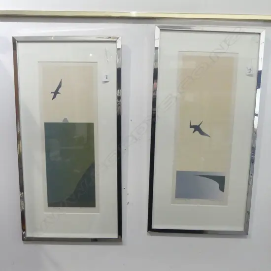 2 MALCOLM WARR SILK SCREEN PRINTS 'EVENING' & 'DIVING TERN' ltd.ed. signed etc 560 x 215mm aluminium frames
